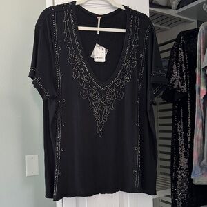 NWT Free People Billie Jo embroidered beaded tee black
